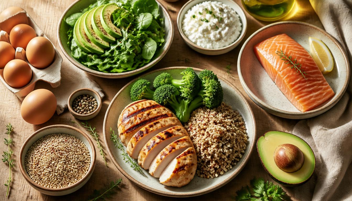 Verschillende eiwitrijke ingrediënten en maaltijden op een houten tafel